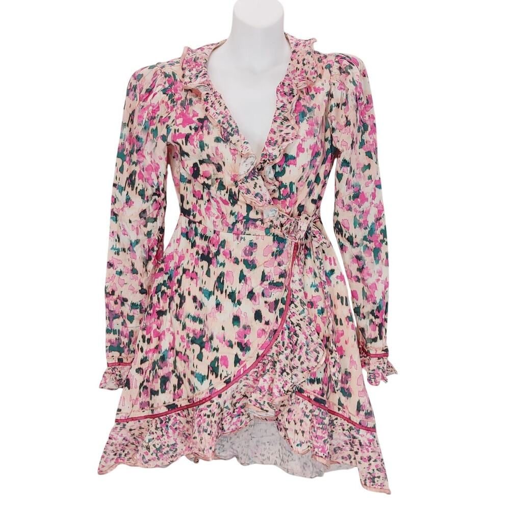 Rococo Sand Mimi Wrap Dress Long Sleeve V Neck Ruffled Pink Watercolor Medium - Picture 3 of 14